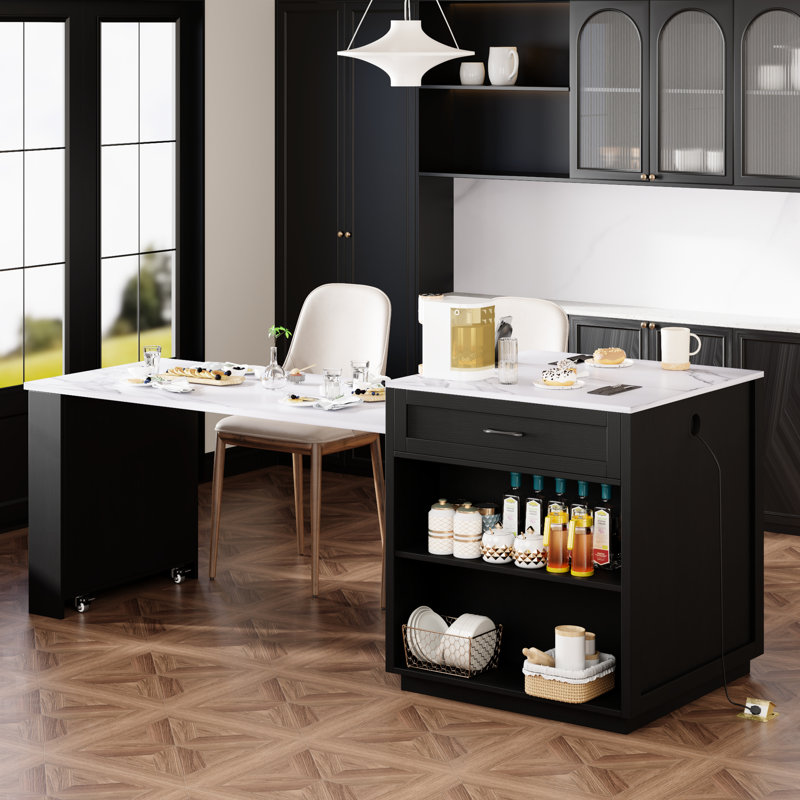 Îlot de cuisine noir moderne avec salle à manger extensible, rangement spacieux, 2 tiroirs, 1 port Type-C, table de salle à manger en faux marbre pour 2 à 6 personnes, armoire, rangement double, tablettes réglables, alimentation électrique