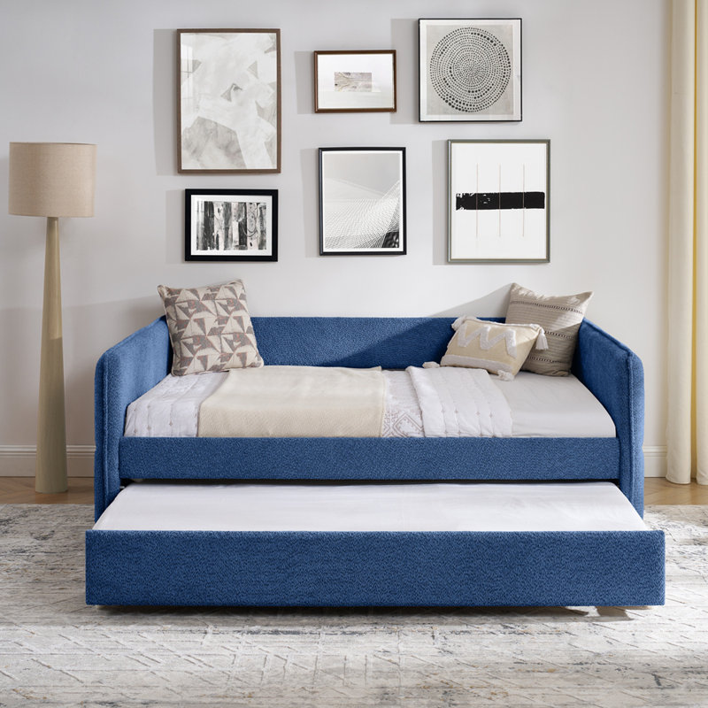 Lit de jour en tissu avec couchette escamotable Boucle, Lit double, Bleu