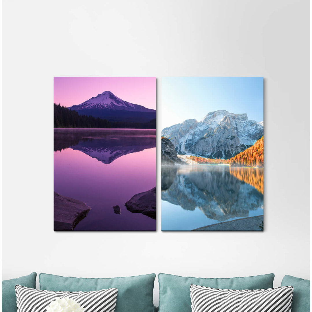 2-tlg. Leinwandbilder-Set - Fotografie „Fuji Volcano Japan Mountains Lake Silence Meditation”