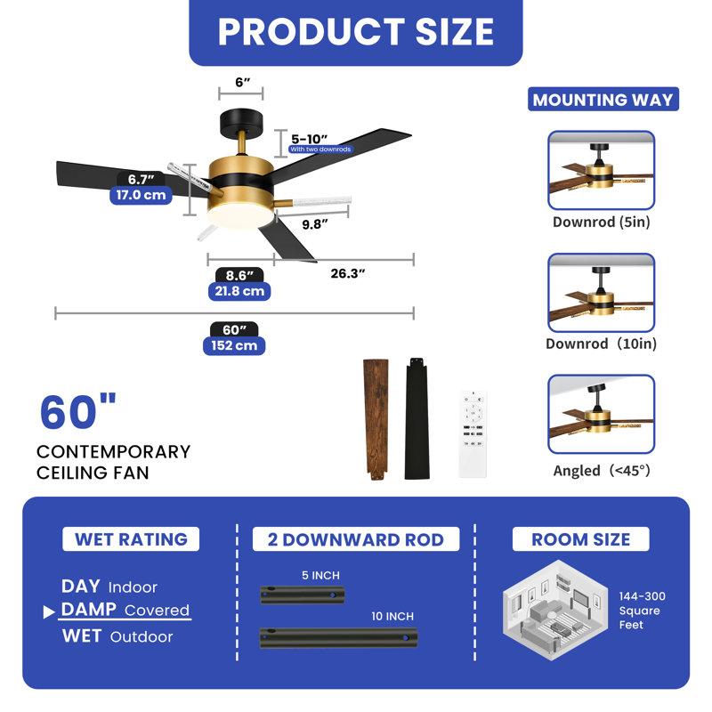 Graceanne 60'' Ceiling Fan with LED Lights, Black/Gold