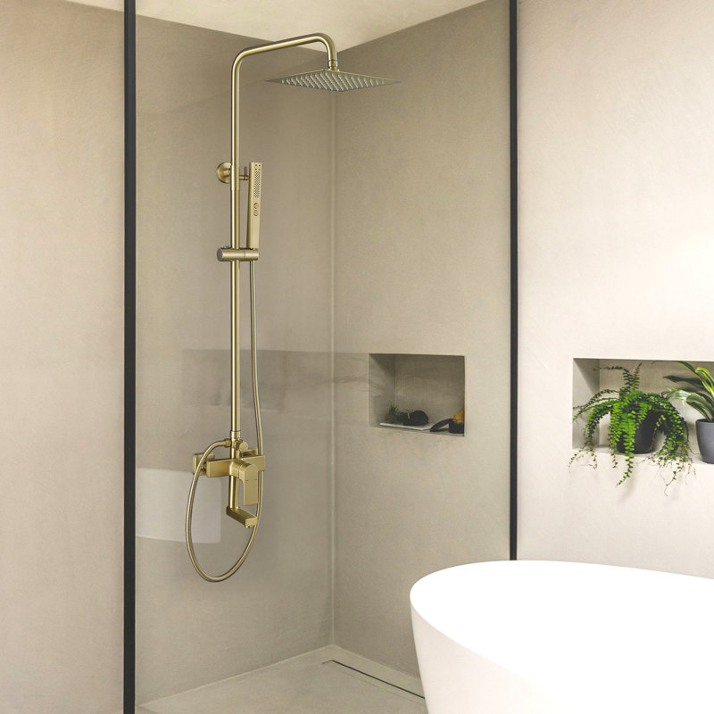 10" Brass Shower Faucet Set Complete, 3 Functions Exposed Shower System, Rain Shower Head with 2 Modes Hand Shower and Tub Filler with Rough-in Valve