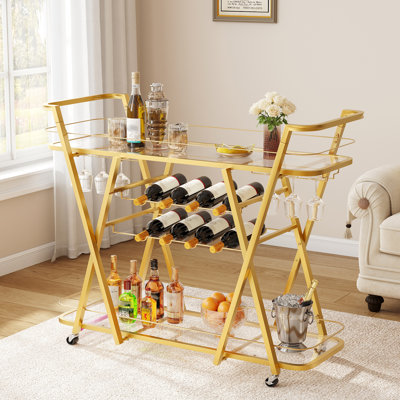 46.3" W 2-Tier Gold Metal Bar Cart with Wine Rack and Glass Holder,  Kitchen Cart With 2 Wine Racks And 2 Glass Holders