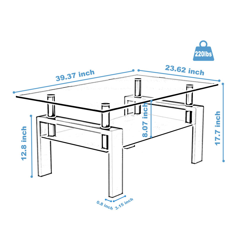Catellini Vintage Coffee Table Living Room Table with Double-layer Storage and Solid Metal Legs, Clear