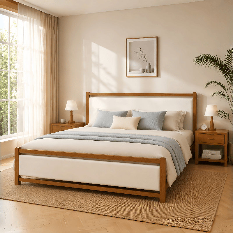 Très grand lit plateforme tapissier, lin crème, King, Cream