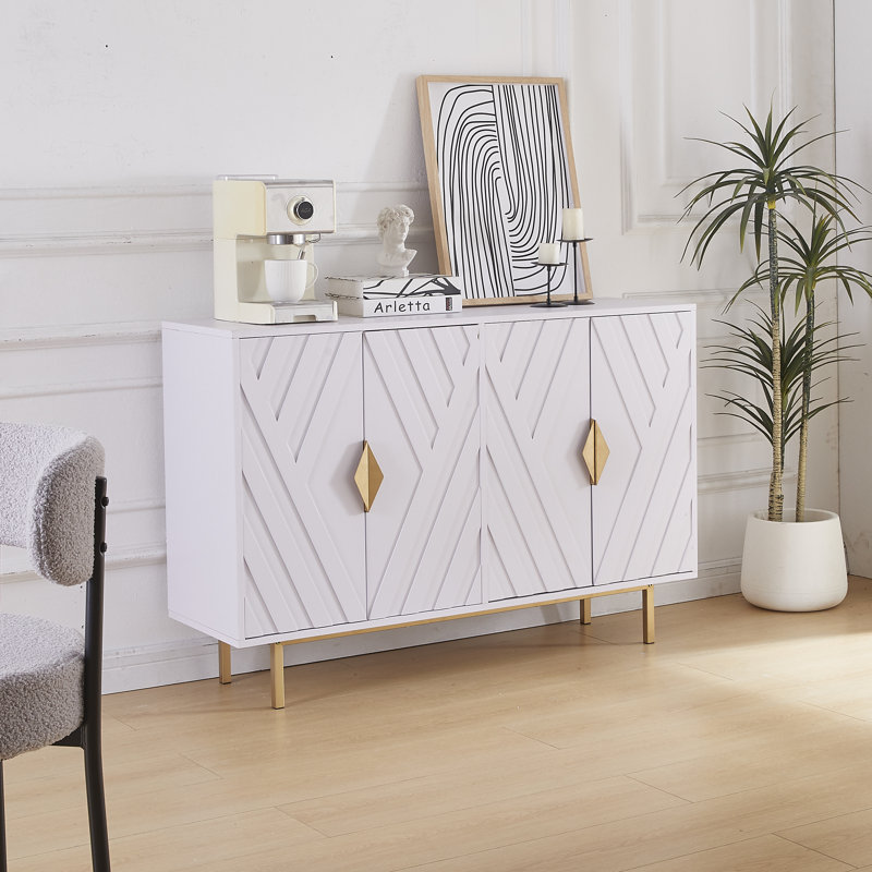 White Geometric 47.2" Modern Sideboard Cabinet with Gold Accents