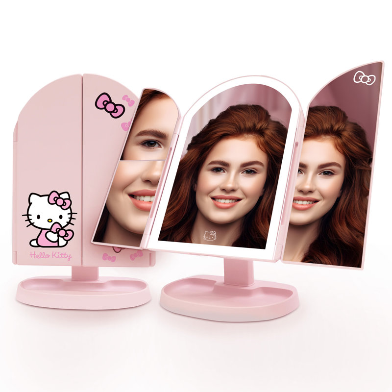 Vanity Hello Kitty Bowtastic Arch Trifold LED Makeup Mirror for Desk, 3 Way View Foldable Vanity Mirror with Lights, 2x and 3x Magnification, Adjustable Tilt and Soft Touch