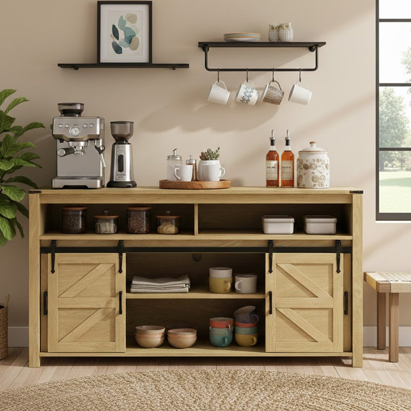 59.33-inch Vintage-Style Sliding Door Sideboard with Mesh Panel and Open Storage Section, Natural