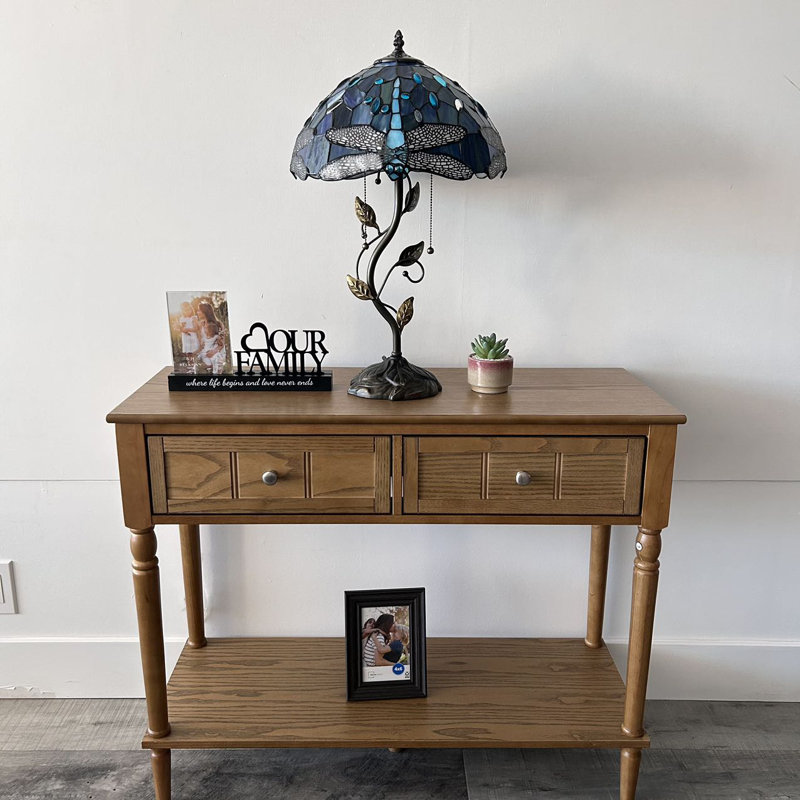 Lampe de table Haydee avec libellules en verre et fer de couleur bleue et ampoules DEL incluses H 24 po x l 14 po