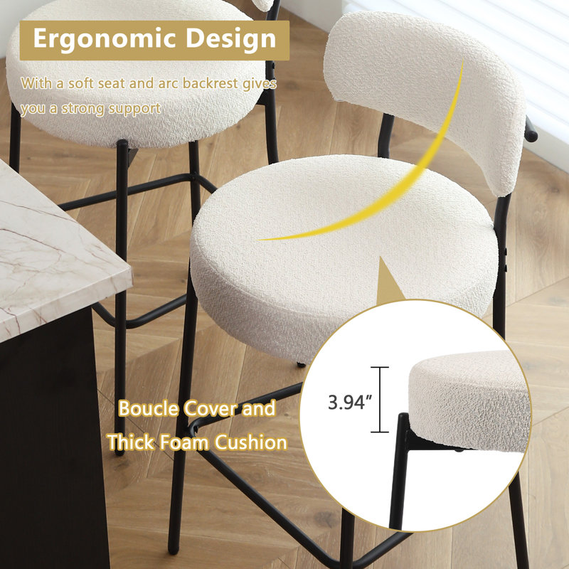 Emielia  Modern Counter Height Bar Stools , 28 Inch Upholstered Barstools with Curved Open Back & Round Seat, Plush Bouclé Fabric Bar Chairs for Kitchen Island, Dining Counter & Home Bar, Comfortable & Stylish