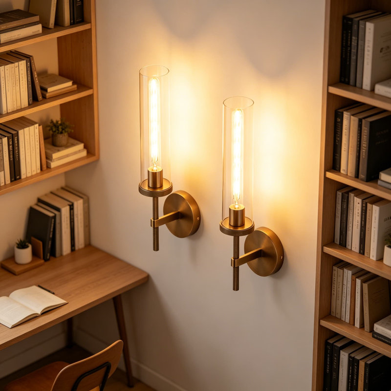 Ensemble de 2 appliques murales pour meuble-lavabo de 19,5 pouces en bronze moleté avec tube en verre transparent Micstar
