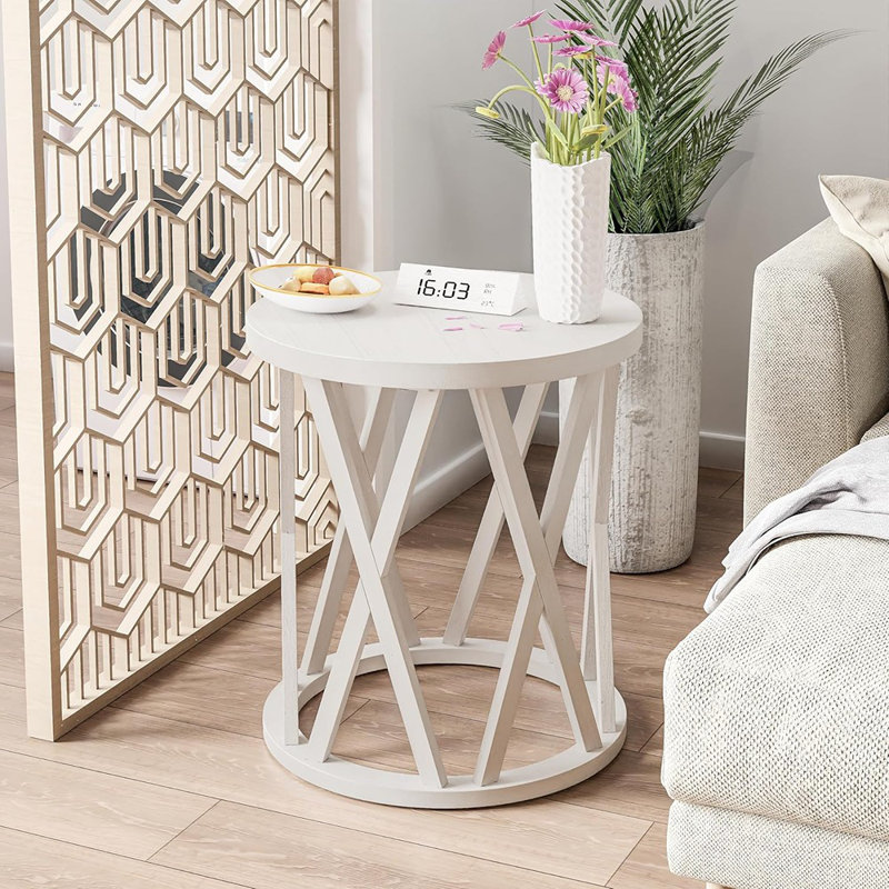 Table de bout rustique rustique avec pieds en X, plateau en bois, blanc antique