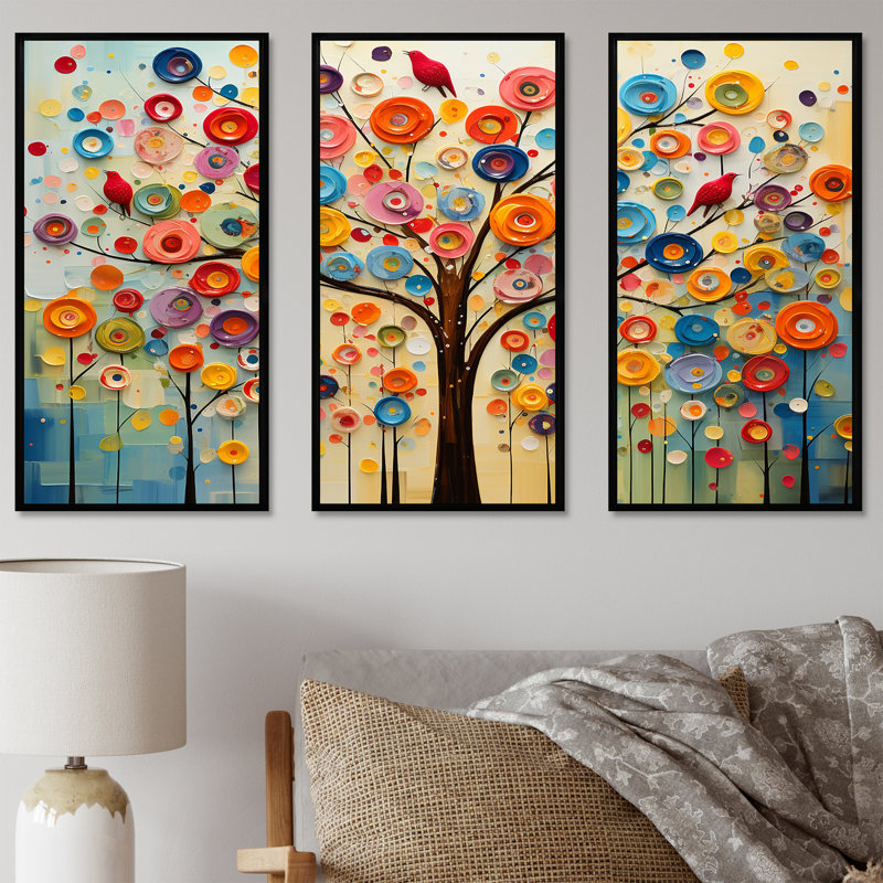 Arbre abstrait coloré 3 - Art mural africain, H 28 po x l 36 po x P 1 po, Cadre flottant noir