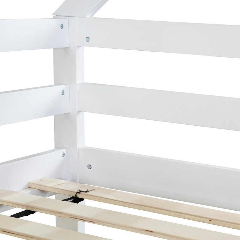 Lit superposé simple au-dessus de simple en bois d'hévéa, avec échelle et garde-corps, Blanc