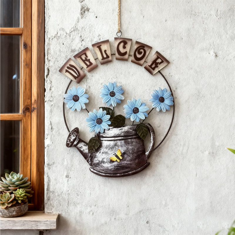 Panneau de bienvenue en métal, décoration en métal de cercle, décoration murale de jardin extérieur