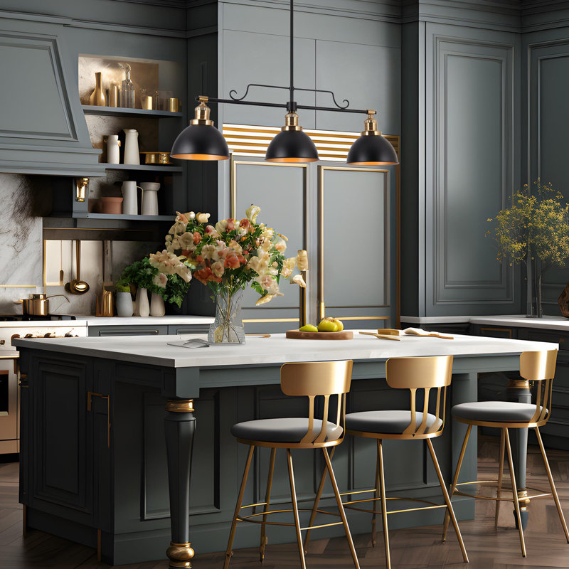 Luminaire suspendu pour îlot de cuisine moderne à 3 lumières avec abat-jour en métal noir Mantasha