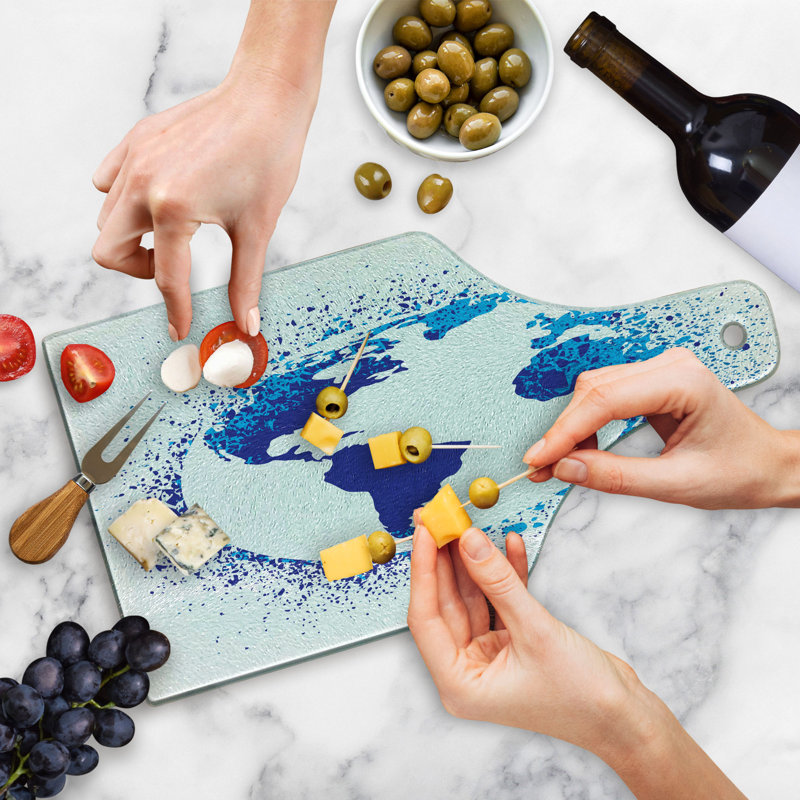 Ambesonne Abstract Tempered Glass Cutting Board Globe Ink Effect Map Blue White