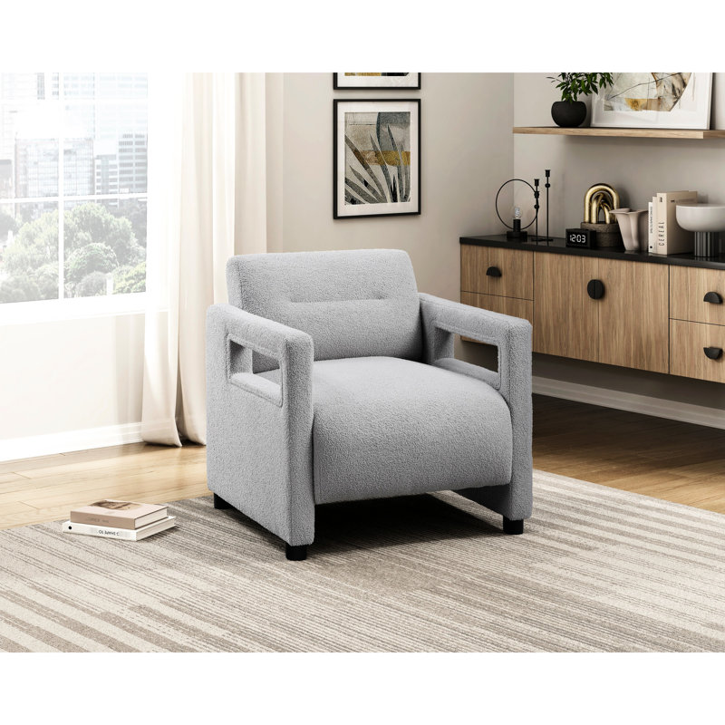 Fauteuil rembourré en contreplaqué gris, largeur 31,5 po, rembourrage en mousse, coussins attachés avec base de 3 po, Gris