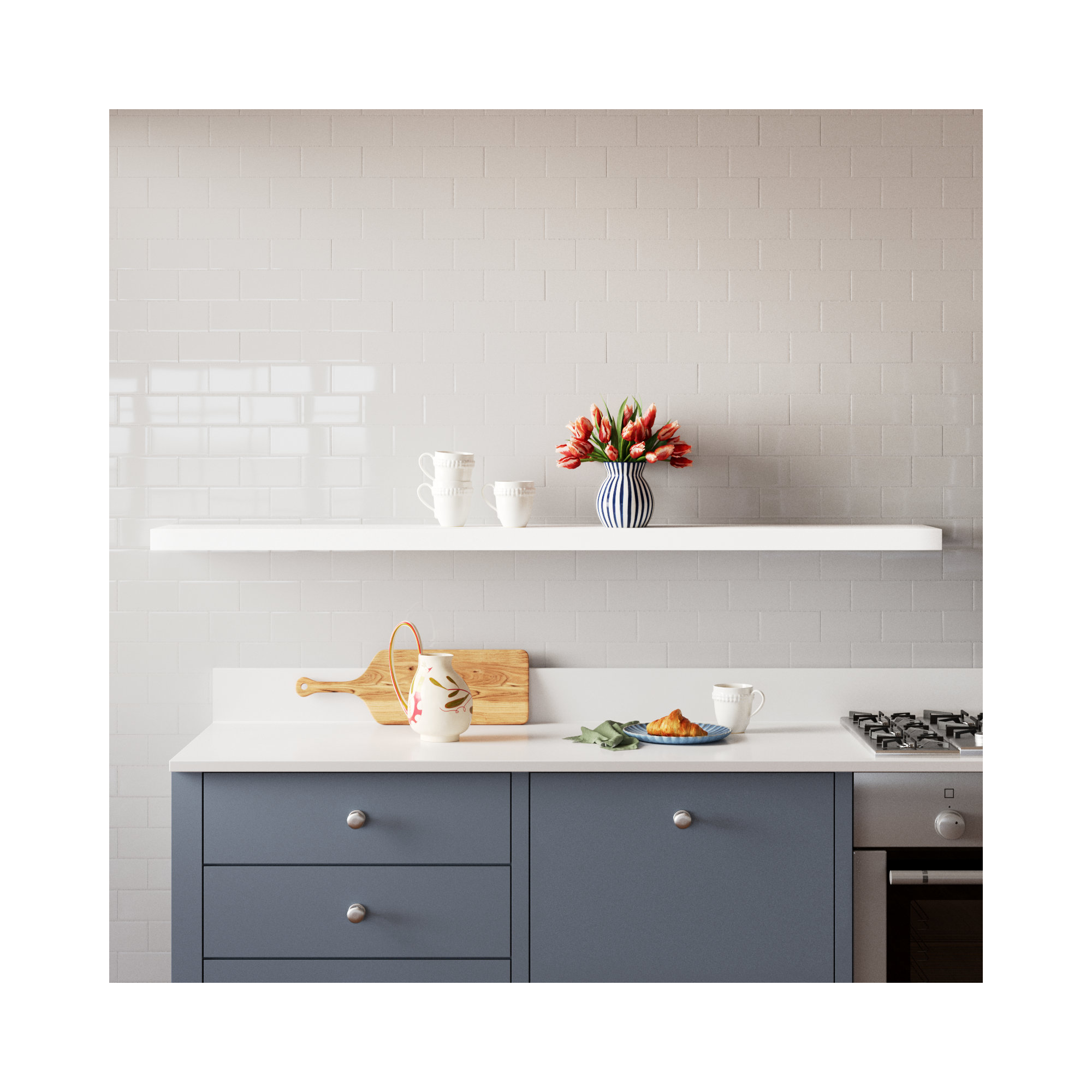 Sherice Floating Shelf, White, 1.97" H x 74.81" W x 10.24" D
