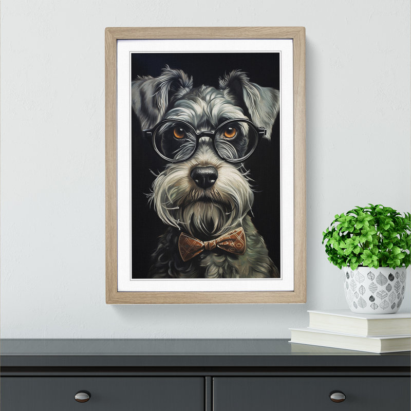 Schnauzer With Glasses - Single Picture Frame Print on Wood, 64cm H x 46cm W x 2cm D, Oak