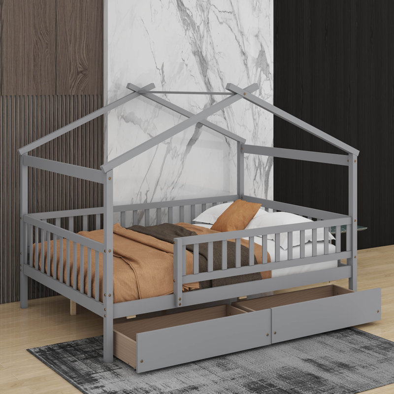 Lit double en bois avec 2 tiroirs, Gris