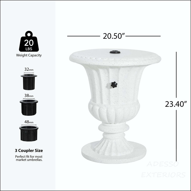 Table d'appoint MGO en marbre blanc avec base de parasol remplie de sable