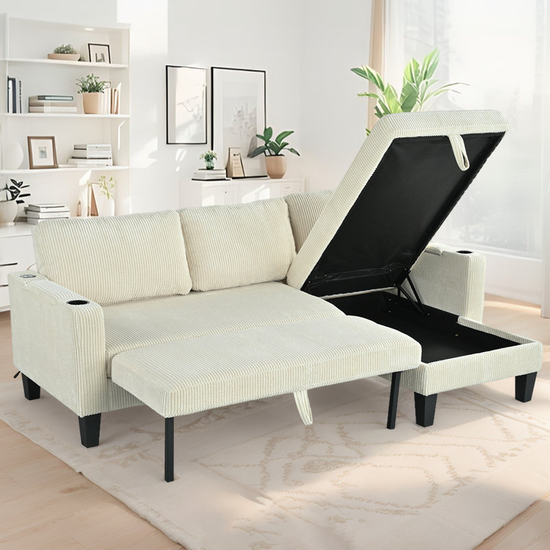 Canapé-lit modulaire réversible avec méridienne de rangement et ports USB - Canapé moderne en L en velours côtelé pour petits espaces