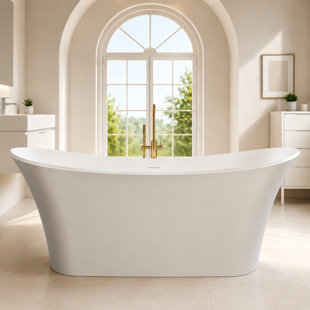 Symmetrical Curved Freestanding Bathtub 69" Matte White Resin Stone Soaking Tub With Backrest And Easy Access Design For Ultimate Comfort