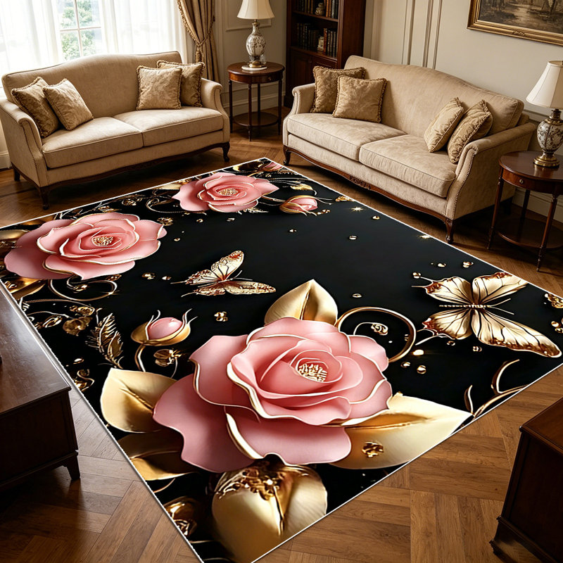 1PC Vintage Pink Rose Gold Butterfly Floral Dark Aesthetic Printed area rugs for Living Room, Soft and Comfortable, Suitable for all seasons, easy-to-maintain, machine washable Indoor floor mat, Under Table Farmhouse suitable for dining room,