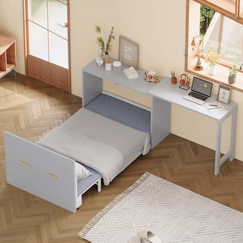 Lit simple, armoire escamotable avec bureau à position réglable, commode escamotable avec coussin pliable pour chambre d'amis, petit espace