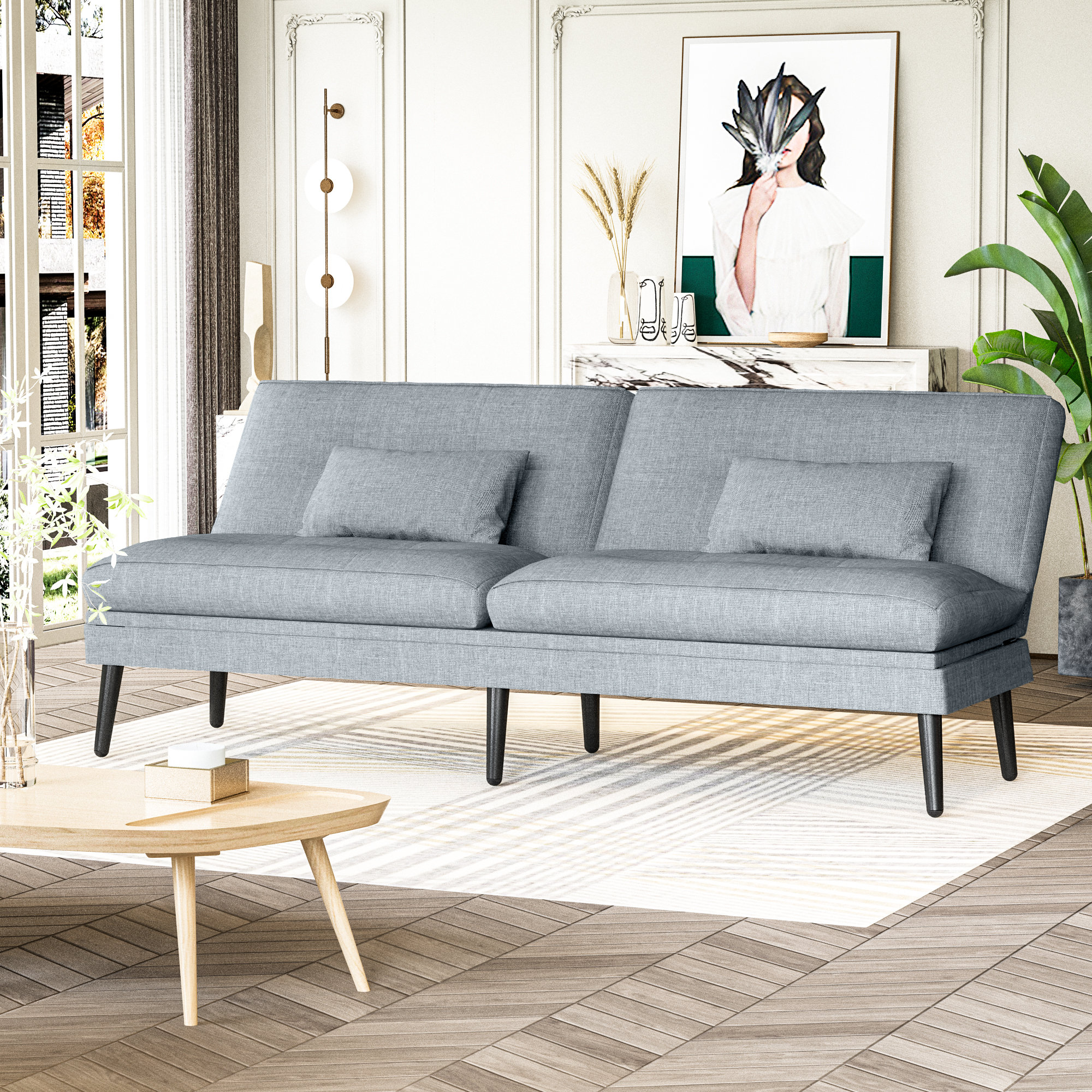 George Oliver Linen Upholstered Convertible Futon Sofa Bed, 69" Folding ...