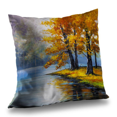 Two Trees by the Lake - Office Trees Poly Twill Throw Pillow – Poly Twill Throw Pillow with Insert, Double-Sided Print
