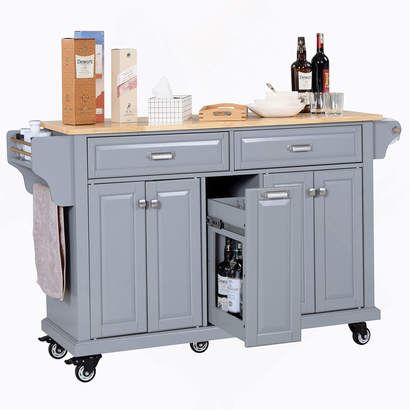 Kitchen Island With Rubber Wood Countertop, Kitchen Cart On 5 Wheels With Storage Cabinet, Gray