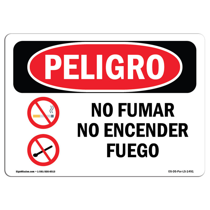 Signe «No smoking no Open Flames», H 12 po x l 18 po x P 0,1 po