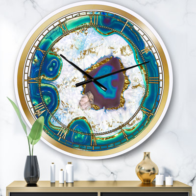 Cristal bleu agate dorée - horloge murale moderne