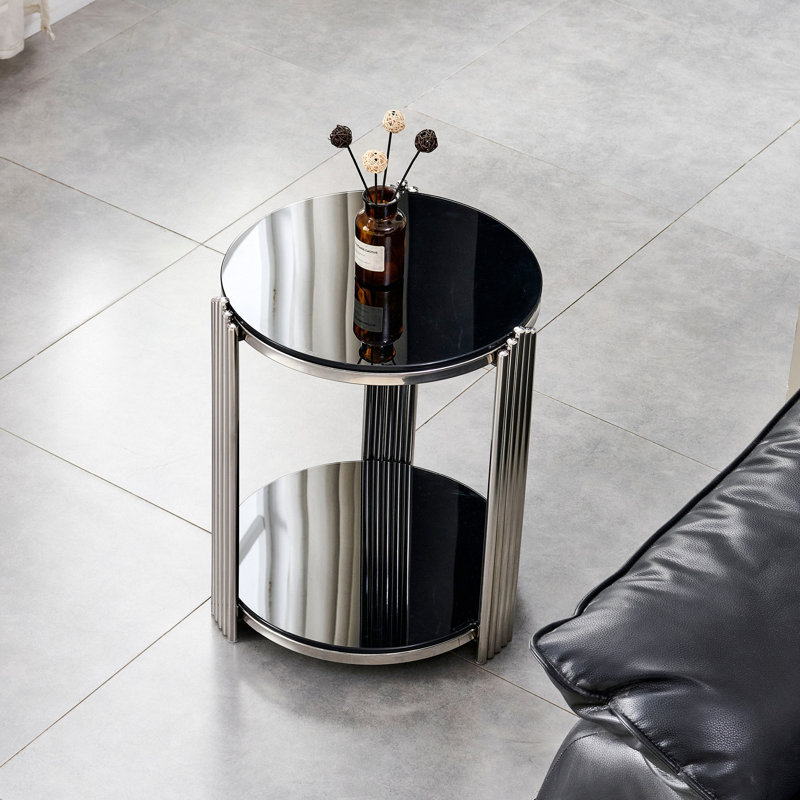 Table de bout moderne 16,90 pouces, table de chevet, verre noir trempé double couche et table de salon en acier inoxydable argenté, table ronde, assemblage facile.
