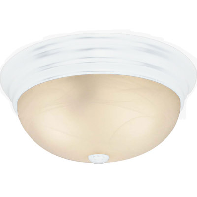 1-Light Indoor or Outdoor White Fluorescent Round Flush Mount Ceiling Fixture with White Alabaster Glass Bowl