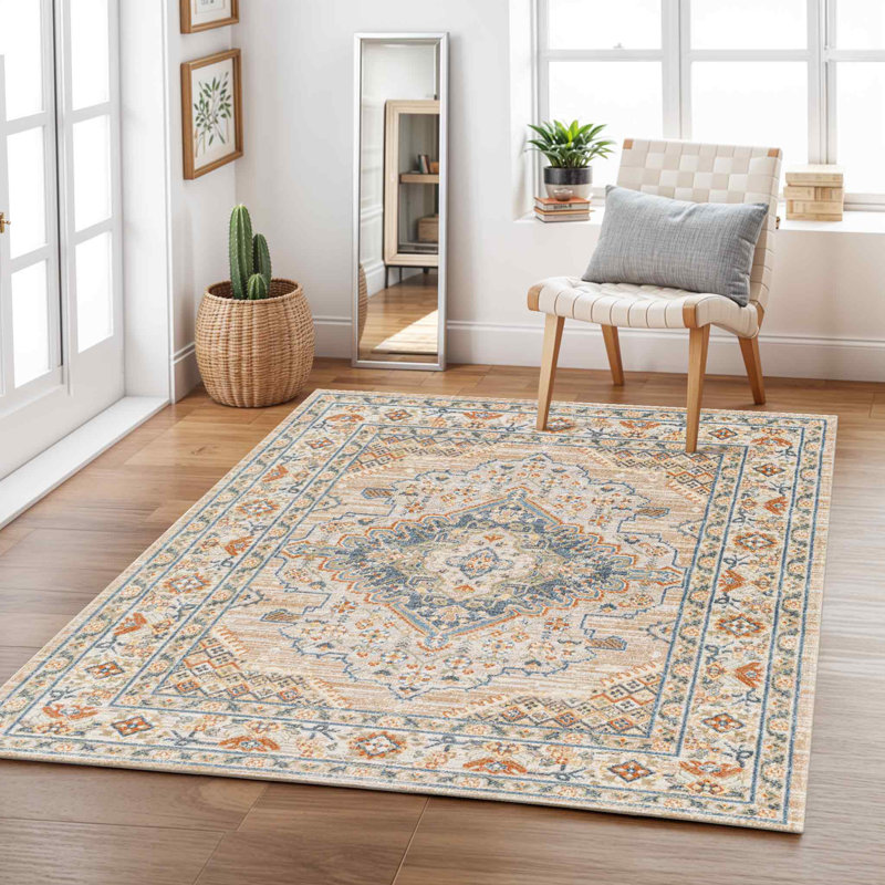 Benbow Kinlaw Machine Washable Traditional Boho Oatmeal Rust Runner Rug, Rectangle 120 x 170cm
