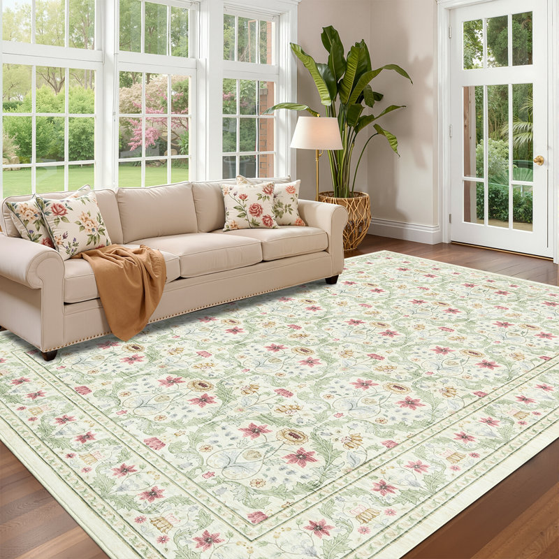 Tapis de salon floral lavable antidérapant, tapis imprimé à poils courts et doux, Rectangle 5 pi x 7 pi