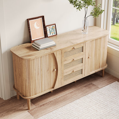 Buffet, commode en rotin, armoire avec portes coulissantes, tablettes réglables et plateau arrondi