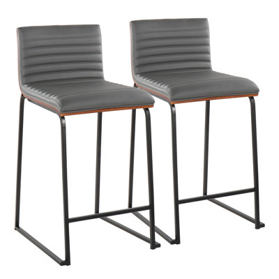 Ensemble de 2 tabourets de comptoir 26 po en métal noir, bois de noyer et similicuir gris 26 po