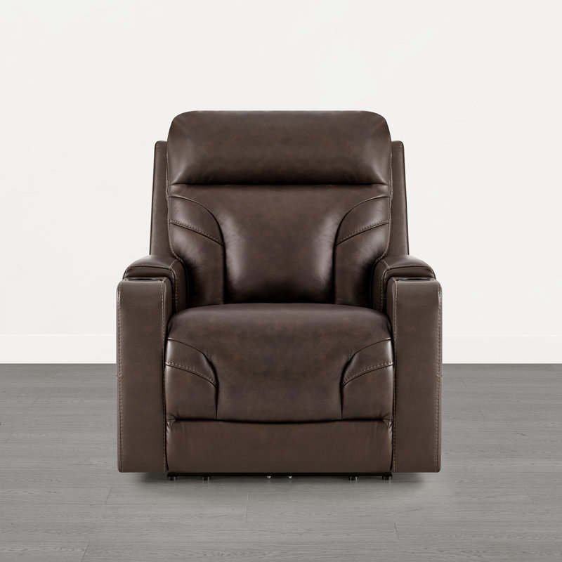 American Modern Power Recliner With Top-Grain Leather, Cup Holders, USB, And Wall Hugger Design, Brown Top Grain Leather