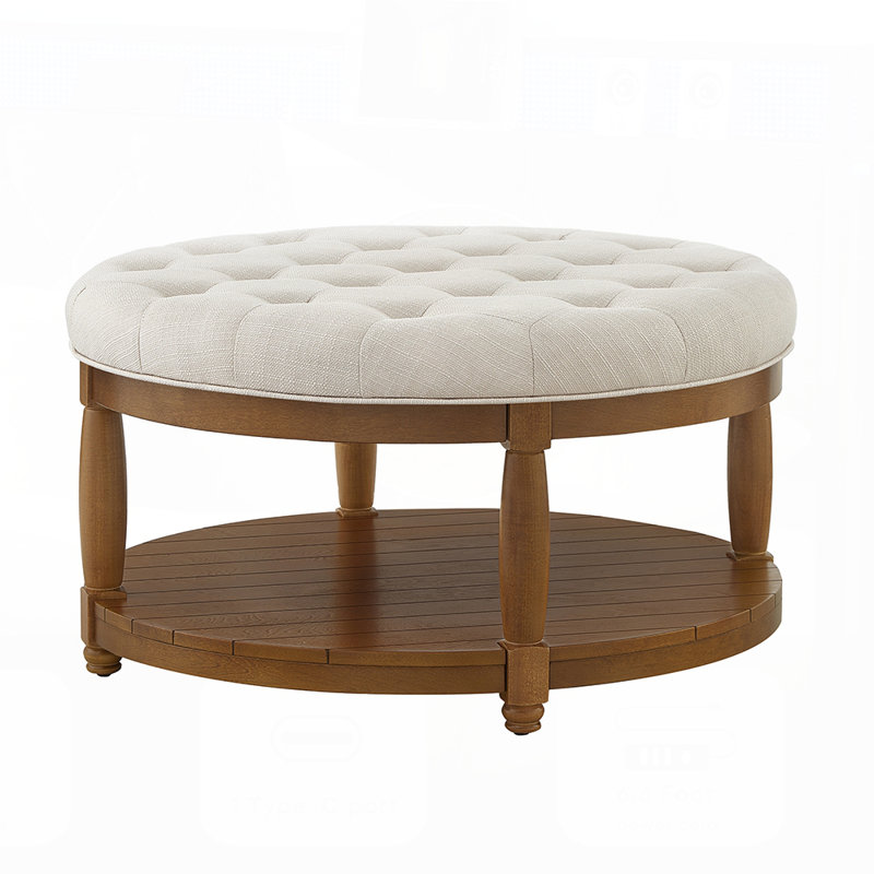 Large Round Upholstered Tufted Linen Ottoman Coffee Table, Large Footrest Ottoman with Wood Shelf Storage- Ivory, Ivory