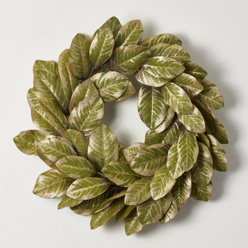 Cadre de cheminée de Noël vert et doré à motif de feuille de magnolia