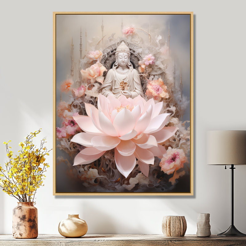 Bouddha rose, lotus de la sagesse sur toile, H 44 po x l 34 po x P 1,5 po, Cadre flottant en érable