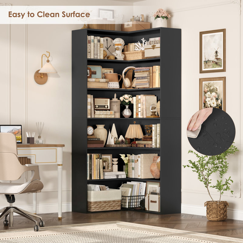 73.5" H Corner Bookcase 6 Tier L-shaped Bookshelf, Black