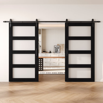 Homacer Black Double 32in x 80in 4-Lite Glass Design Unassembled & Finished Barn Doors with Non-Bypass Installation Hardware Kit, 11ft track, interior use only
