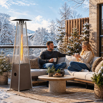 Chauffage de terrasse pyramidal au propane de 48 000 BTU, avec tube en verre de quartz, sur pied, avec roulettes et système d'arrêt de sécurité anti-basculement pour jardin.