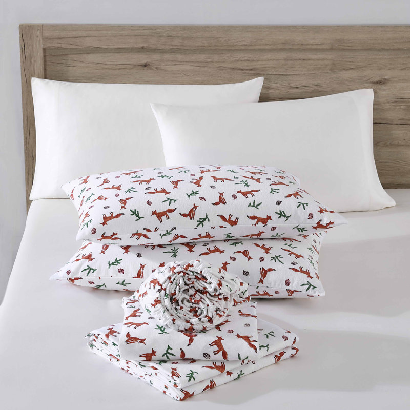100% Cotton 200 Thread Count Flannel Sheet Set, Full Sheet Set with 2 Pillowcases, Fox Trail