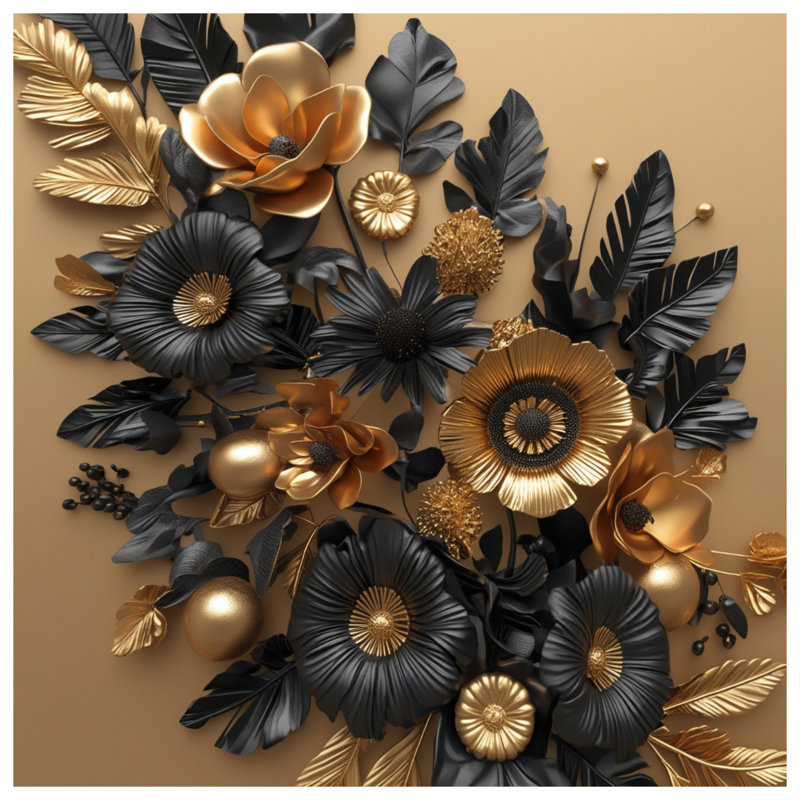 Tapis de bain arrangement floral doré noir, L 34 po x L 21 po