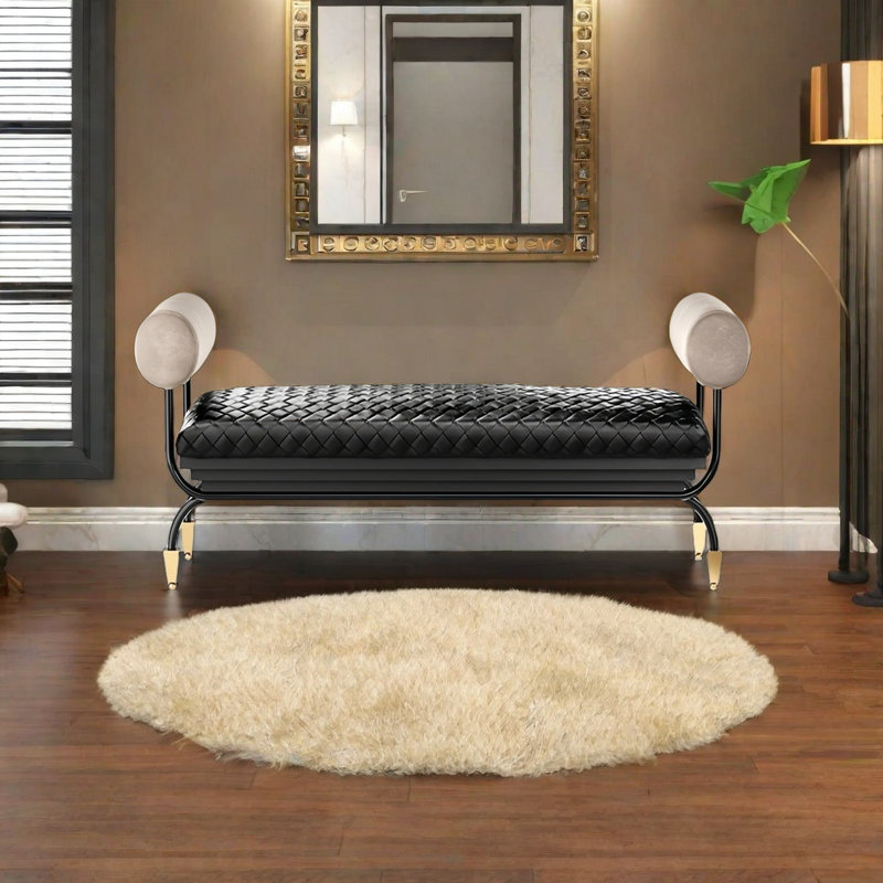 Banc rembourré en cuir de vache, H 26,37 po x l 59,05 po x P 21,65 po
